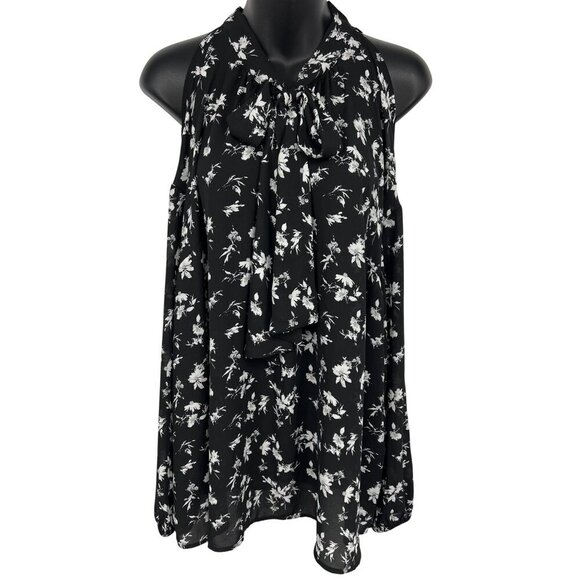Torrid Women 1X Black White Floral Georgette Tie Front Cold Shoulder Blouse New - Picture 1 of 12